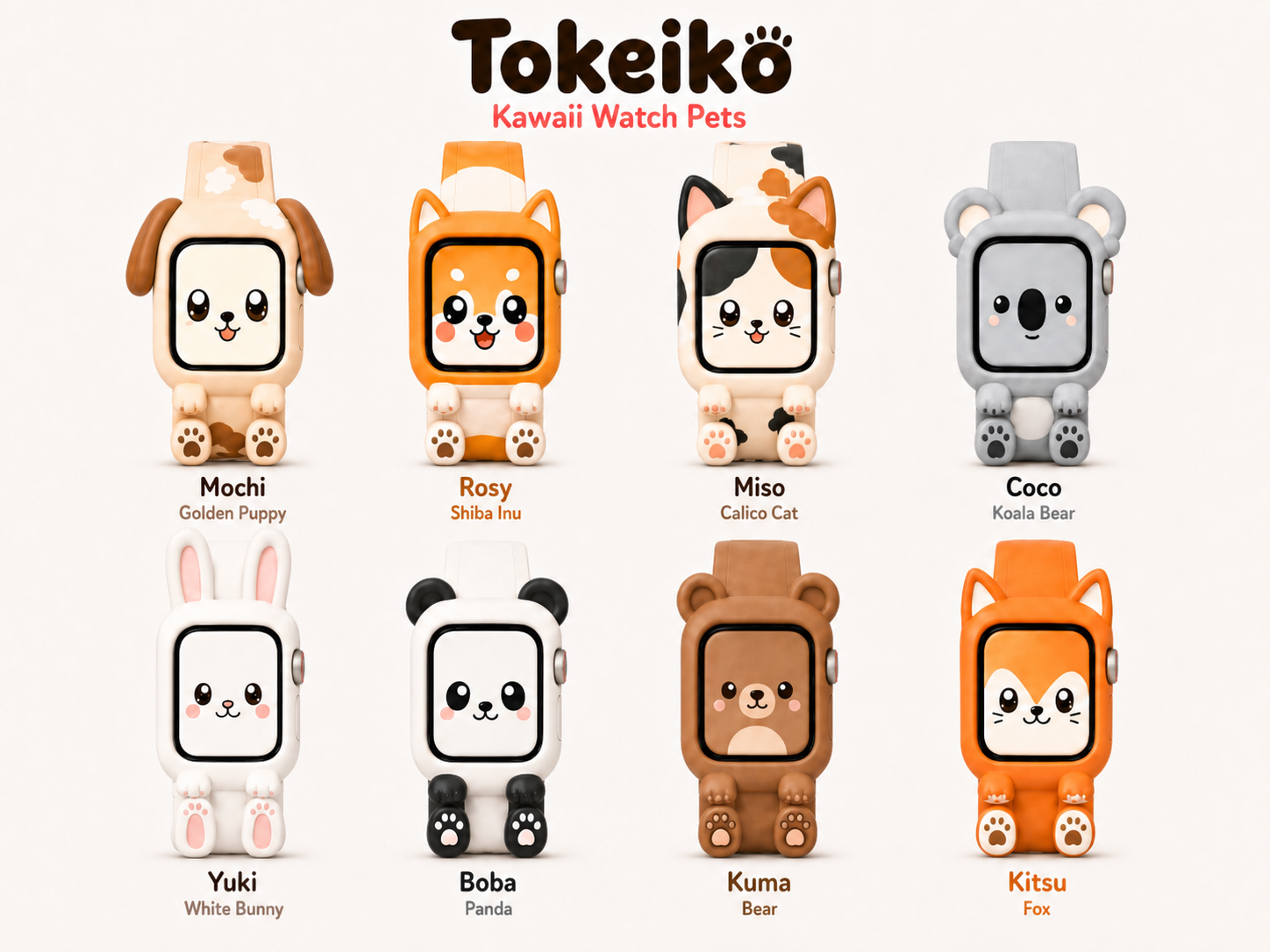 The Tokeiko crew — eight kawaii Apple Watch characters: Mochi, Rosy, Miso, Coco, Yuki, Boba, Kuma, and Kitsu